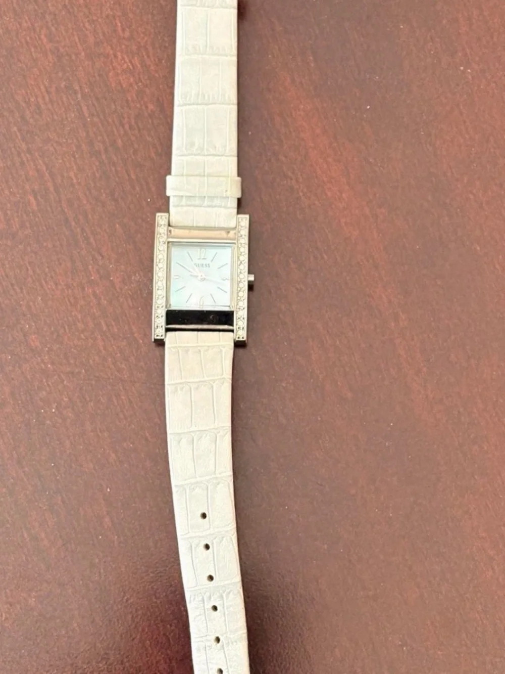 Guess Women’s Silver-Tone Watch with Light Gray Strap and Crystal Accents